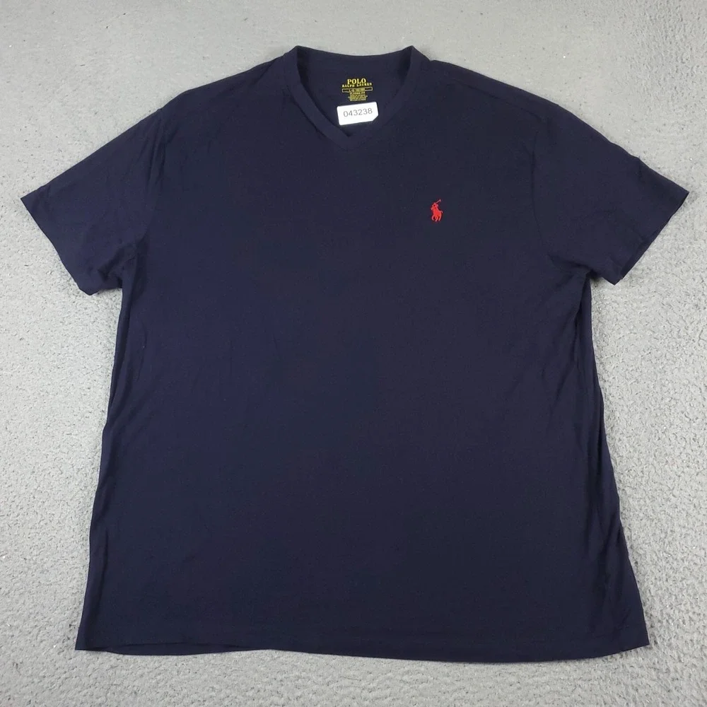 Polo Ralph Lauren Mens Large Navy Blue V-Neck T-Shirt Red Pony Logo Short Sleeve